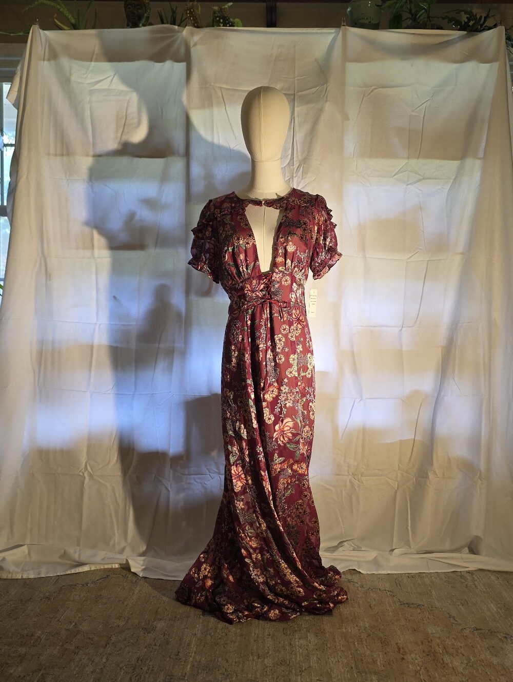 For Love & Lemons Burgundy Floral Maxi Dress with Keyhole Detail